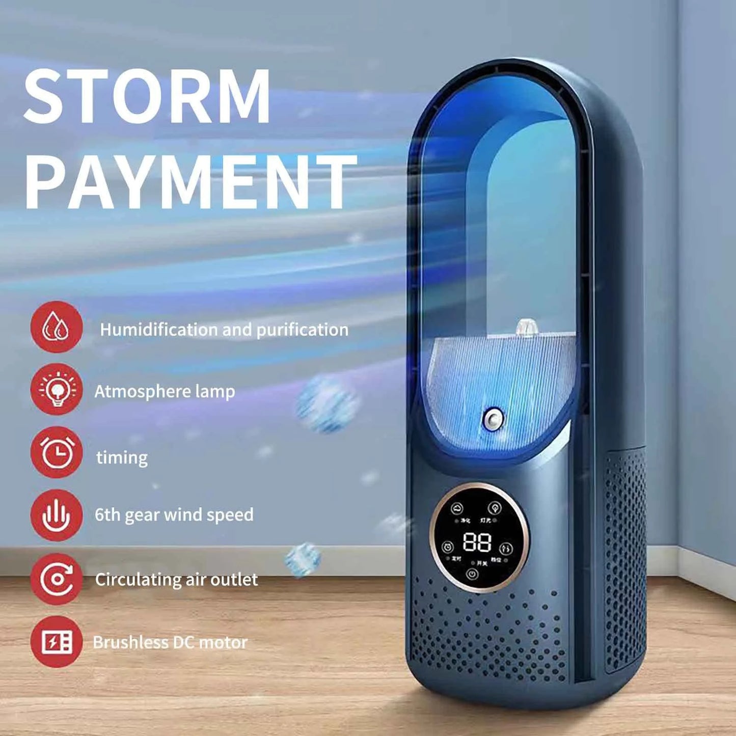 Fans That Blow Cold Air, 6 Speeds Quiet Mini Air Conditioner Fan Bladeless Desktop Fans Blue