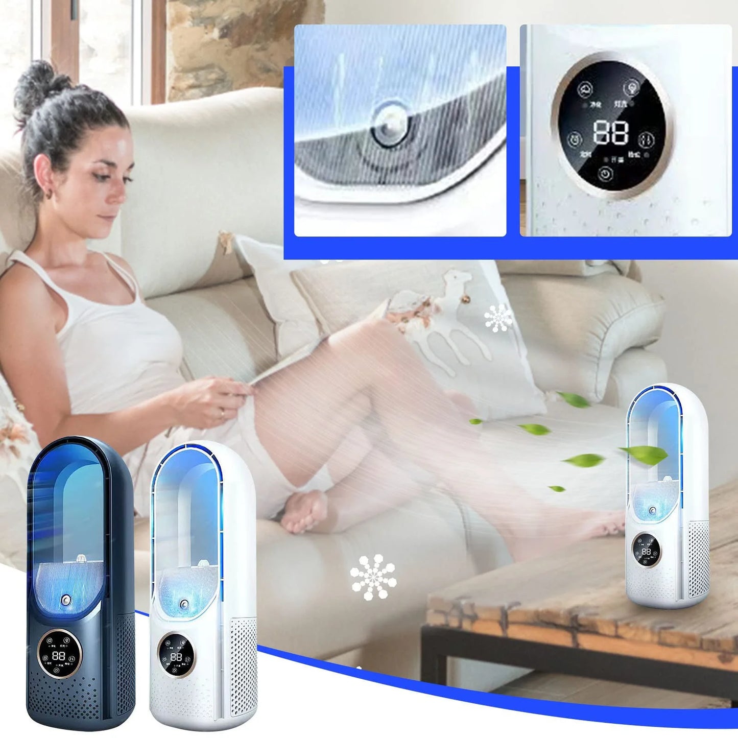 Fans That Blow Cold Air, 6 Speeds Quiet Mini Air Conditioner Fan Bladeless Desktop Fans Blue